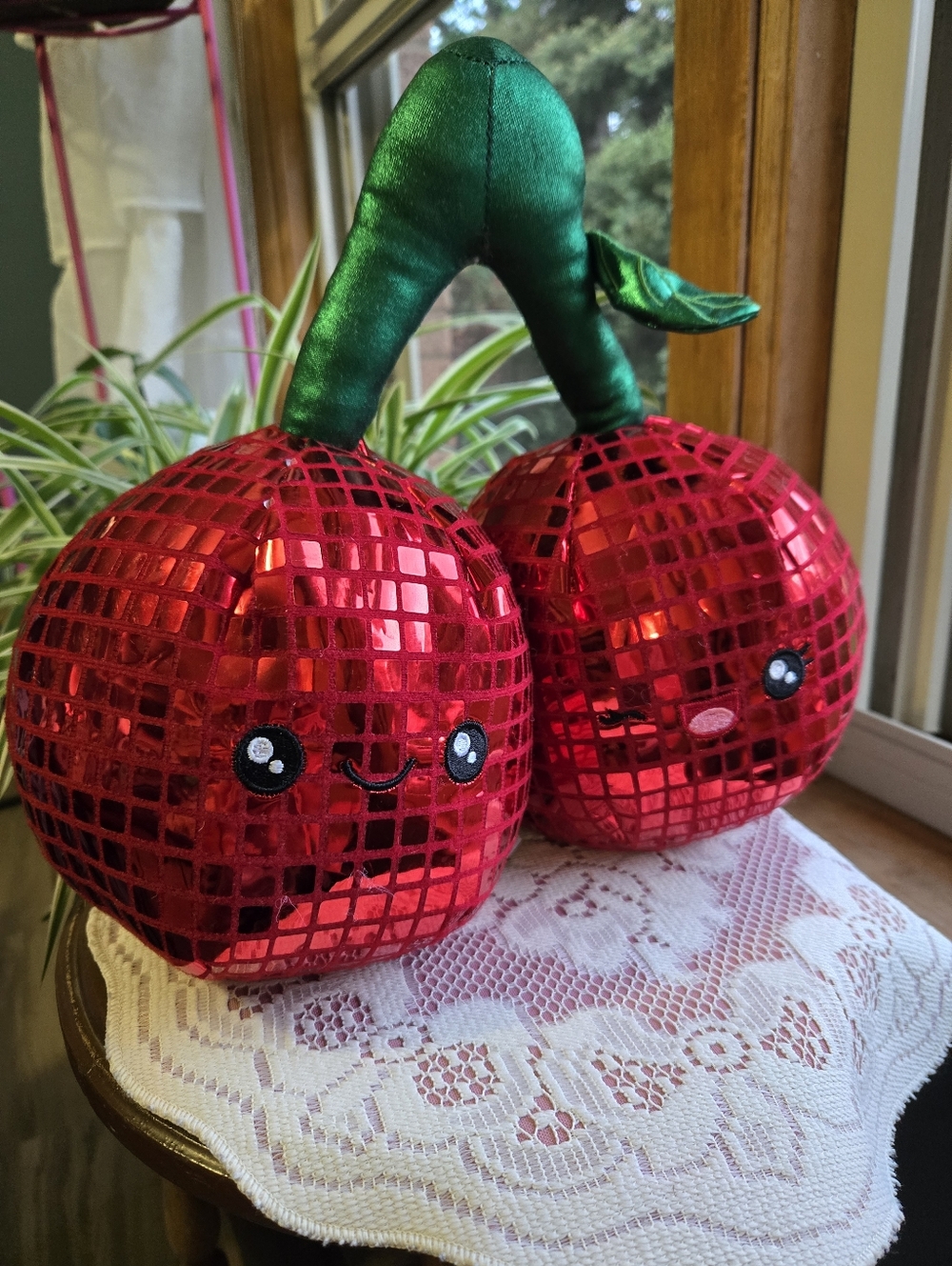 Pink Sky Disco Cherry Plush – Red Mirror Ball Decorative Pillows 🍒